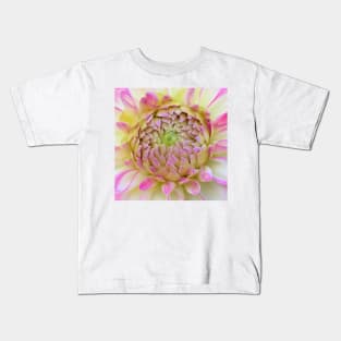 Macro Bright Pink, Yellow And White Dahlia Bloom Kids T-Shirt